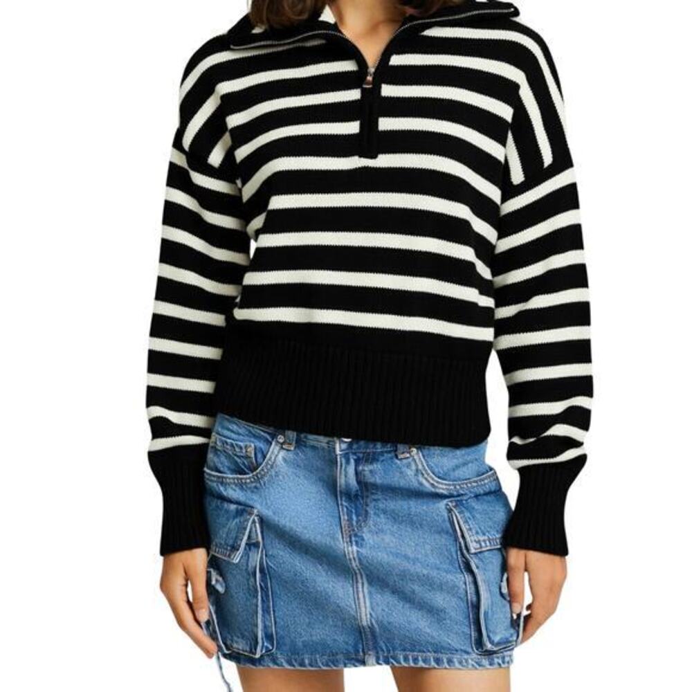 Bershka Black White Striped Half Zip Sweater Cropped Knit XS NWOT